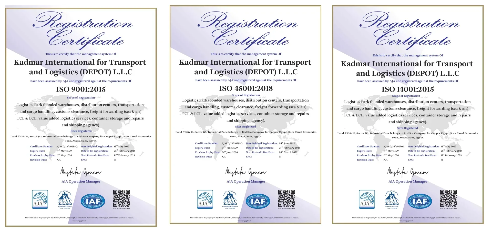 Depot Egypt ISO 9001, ISO 14001 and ISO 45001 certificates